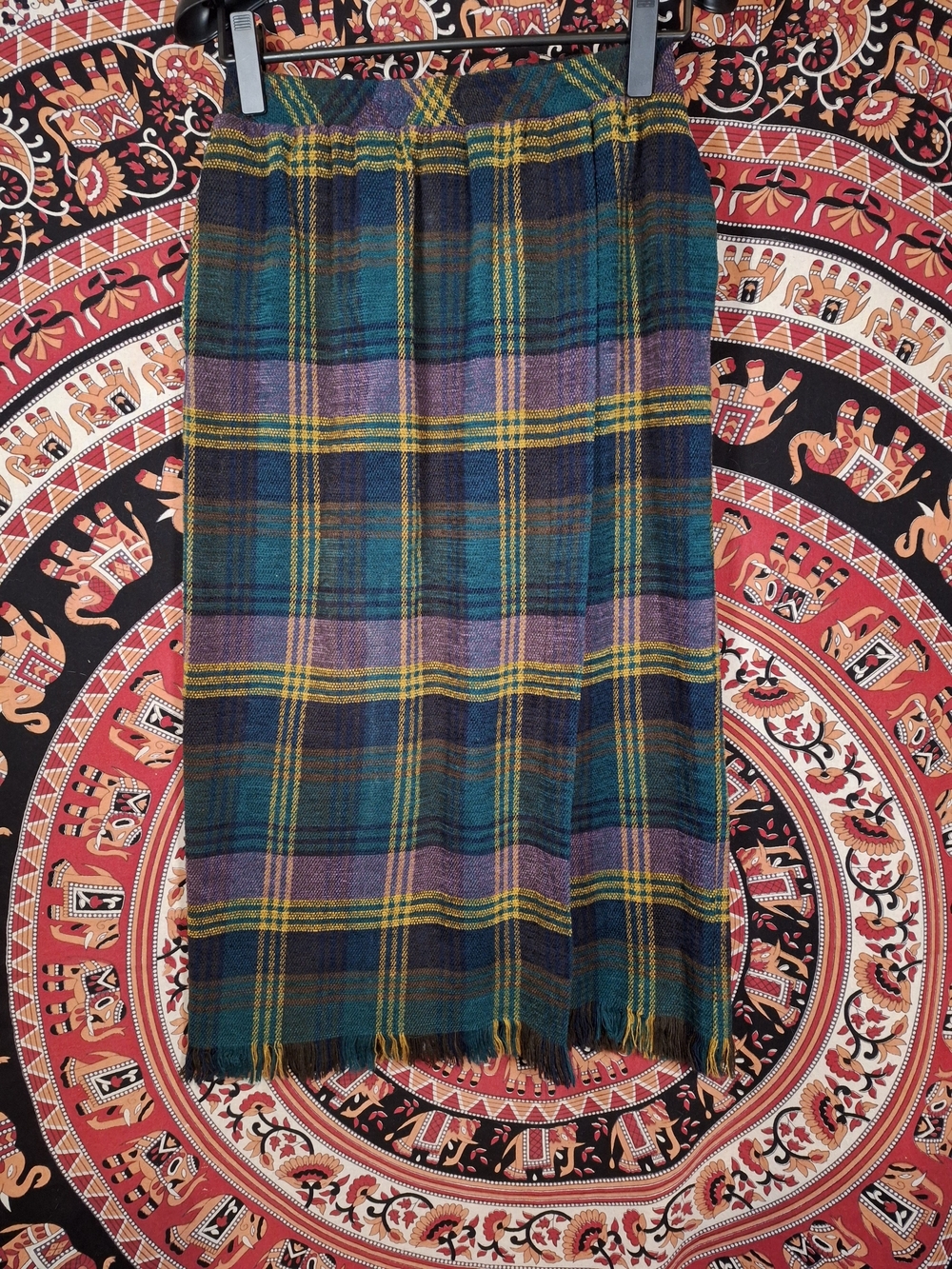 Vintage G.W. Division of Graff Plaid Tartan Faux Wrap Fringe Midi Skirt Size 10